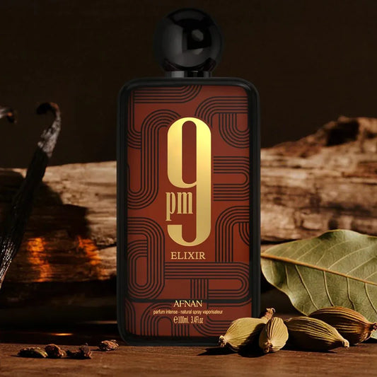 Afnan 9PM Elixir 100 ml (3.4 oz) bottle – spicy citrus woody amber musk scent with deep masculine finish.