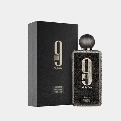 Afnan 9PM Night Out Extrait de Parfum 100 ml bottle – sweet vanilla amber base with bold fruity spiced opening designed for nighttime wear