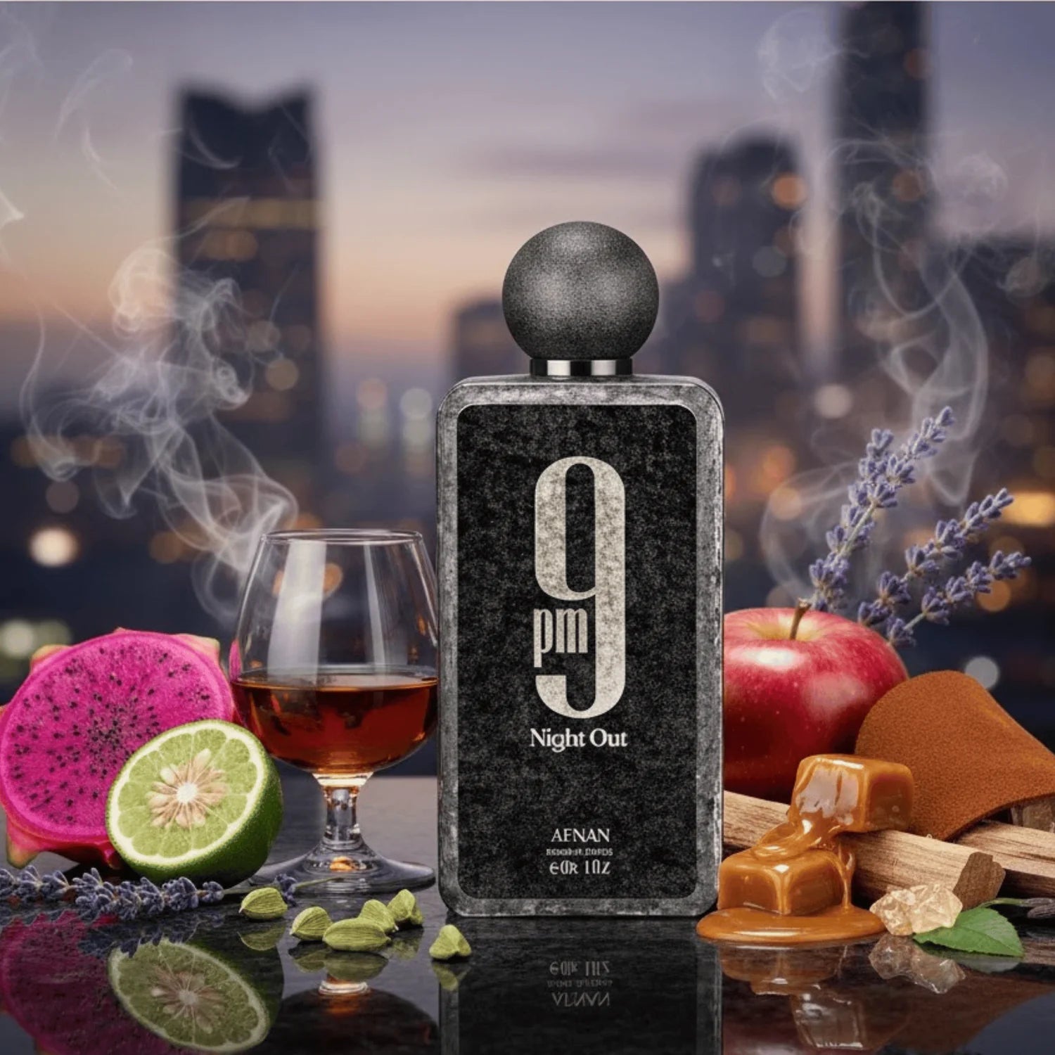 Afnan 9PM Night Out Extrait de Parfum 100 ml bottle – sweet vanilla amber base with bold fruity spiced opening designed for nighttime wear