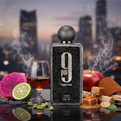 Afnan 9PM Night Out Extrait de Parfum 100 ml bottle – sweet vanilla amber base with bold fruity spiced opening designed for nighttime wear