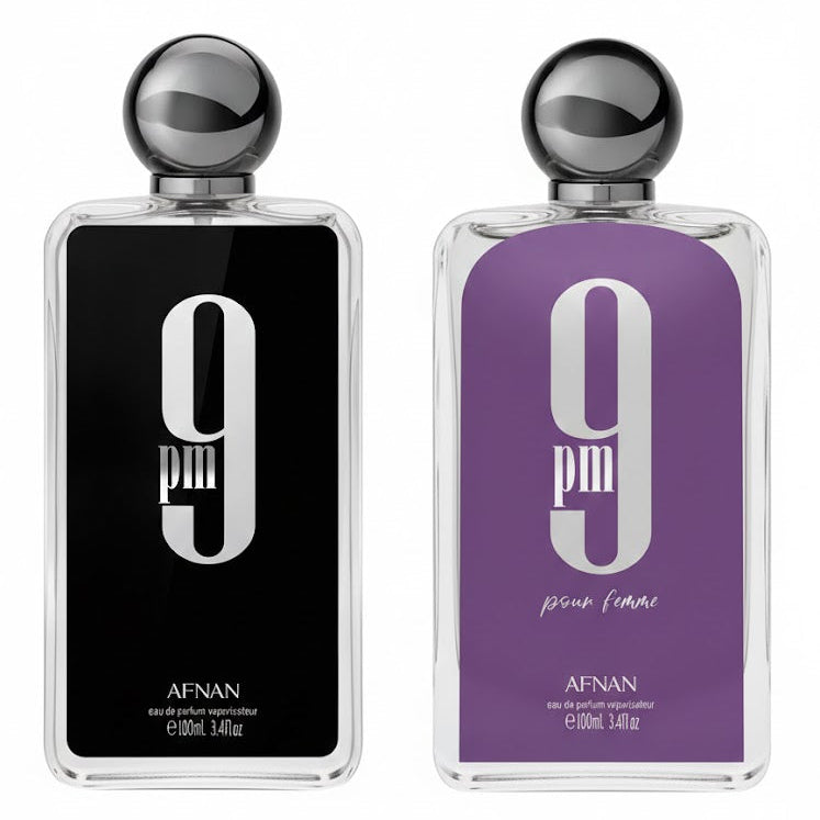 Afnan 9PM His & Hers Bundle – two full-size perfumes featuring 9PM and 9PM Pour Femme for a sweet nighttime couples fragrance set.