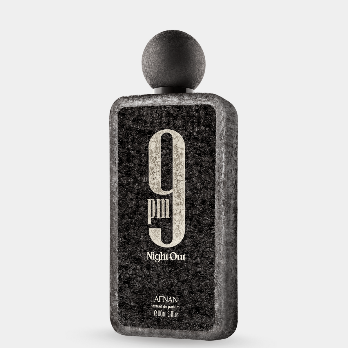 Perfume bottle labeled '9 PM Night Out' by Afnan on a light gray background