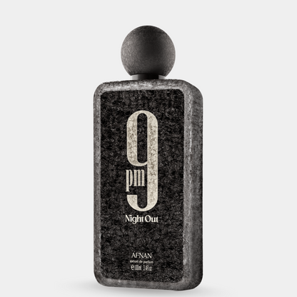 Perfume bottle labeled '9 PM Night Out' by Afnan on a light gray background