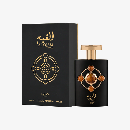 Lattafa Al Qiam Gold Eau de Parfum 100 ml bottle – fruity saffron opening with leather, oud, and warm amber woody base