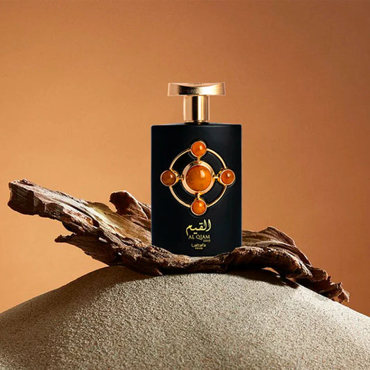 Lattafa Al Qiam Gold Eau de Parfum 100 ml bottle – fruity saffron opening with leather, oud, and warm amber woody base