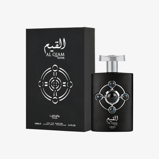 Lattafa Al Qiam Silver Eau de Parfum 100 ml bottle – fresh citrus grapefruit with ginger, ambroxan, and woody musky base