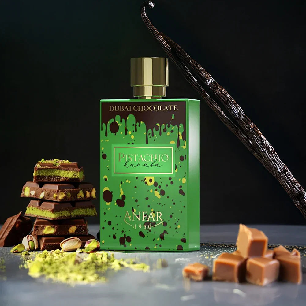 Anfar 1950 Pistachio Kunafa 100 ml bottle – sweet pistachio caramel gourmand fragrance with creamy vanilla-amber base.