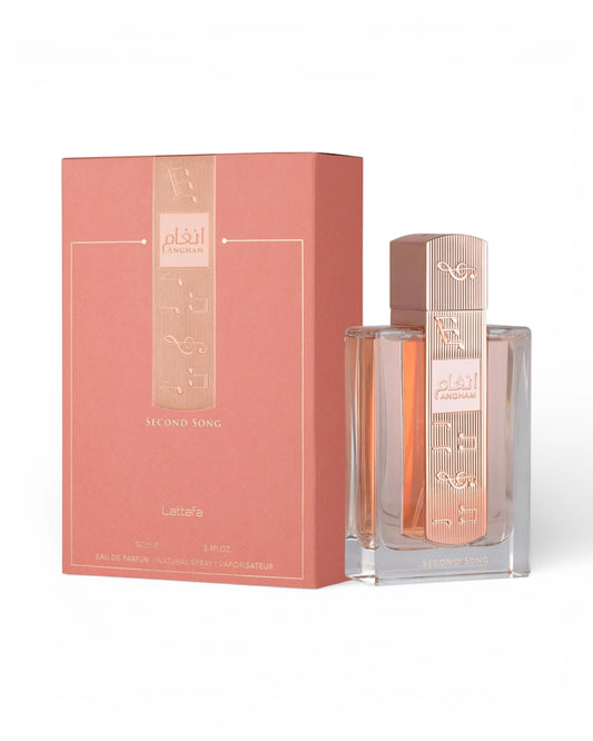 Lattafa Angham Second Song Eau de Parfum 100 ml bottle – soft sweet floral fragrance with warm amber musky base
