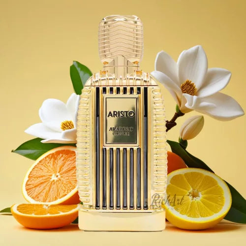 Arabiyat Prestige Aristo Eau de Parfum 100 ml bottle – fresh aromatic woody fragrance with bergamot, lavender, cedarwood, and musky vetiver base