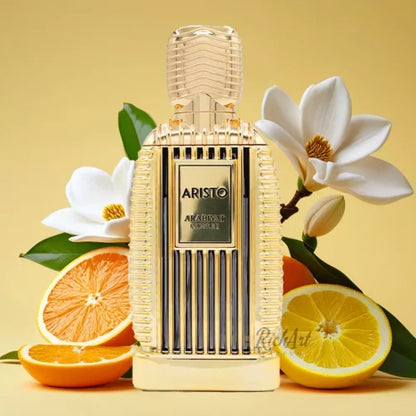 Arabiyat Prestige Aristo Eau de Parfum 100 ml bottle – fresh aromatic woody fragrance with bergamot, lavender, cedarwood, and musky vetiver base