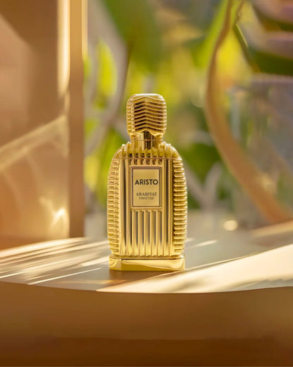 Arabiyat Prestige Aristo Eau de Parfum 100 ml bottle – fresh aromatic woody fragrance with bergamot, lavender, cedarwood, and musky vetiver base