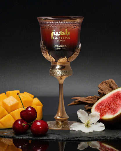 Arabiyat Prestige Bahiya Garnet 100 ml bottle – fruity floral fragrance with warm amber vanilla musk base.