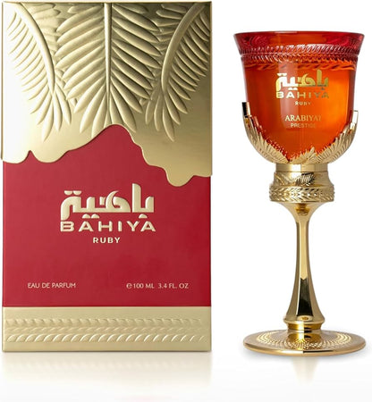 Arabiyat Prestige Bahiya Ruby Eau de Parfum 100 ml bottle – fruity gourmand fragrance with red berries, pear, vanilla, praline, and soft musky base