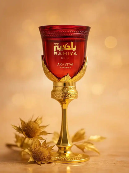 Arabiyat Prestige Bahiya Ruby Eau de Parfum 100 ml bottle – fruity gourmand fragrance with red berries, pear, vanilla, praline, and soft musky base