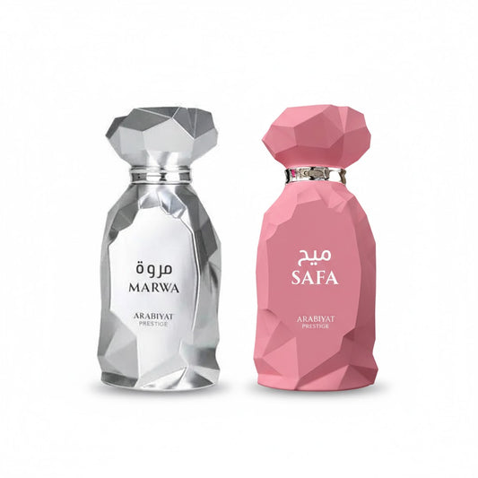 Arabiyat Prestige Marwa and Safa Bundle – two full-size luxury perfumes for a balanced his and hers fragrance set.