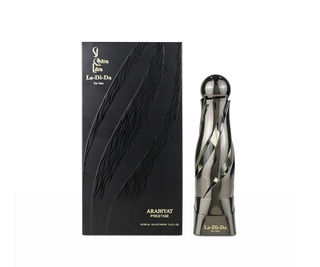 Arabiyat Prestige La Di Da For Him 100 ml bottle – citrus aromatic top with woody amber-musk base.