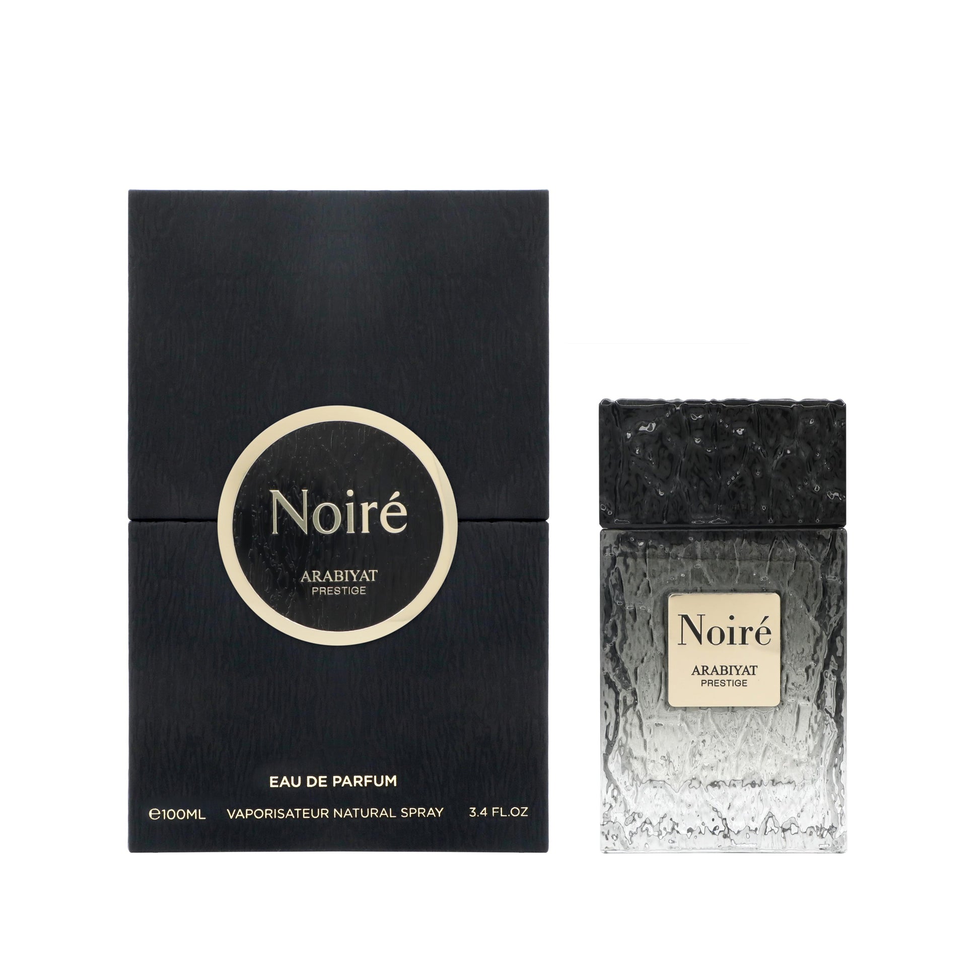 Arabiyat Prestige Noire Eau de Parfum 100 ml bottle – warm spicy woody fragrance with oud, amber, vanilla, and smoky musky base