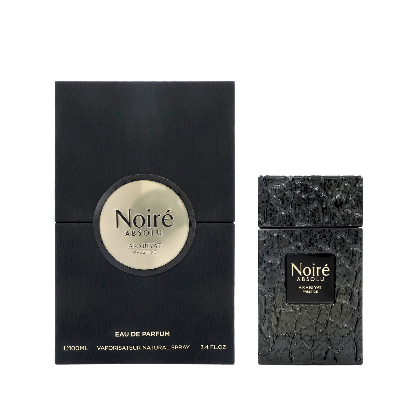 Arabiyat Prestige Noire Absolu Eau de Parfum 100 ml bottle – leather woody fragrance with raspberry, bergamot, cedarwood, and vetiver base