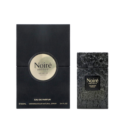 Arabiyat Prestige Noire Absolu Eau de Parfum 100 ml bottle – leather woody fragrance with raspberry, bergamot, cedarwood, and vetiver base