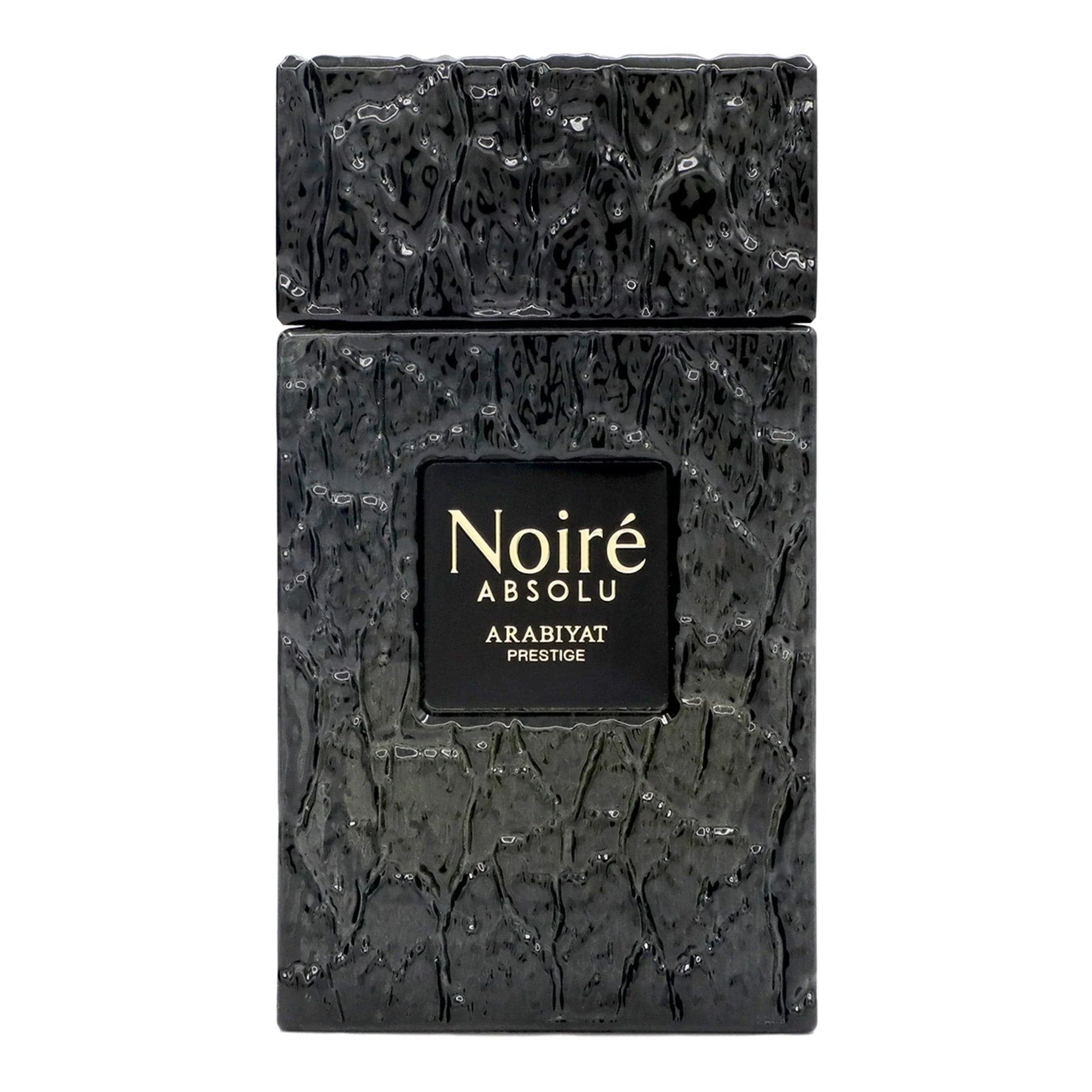 Arabiyat Prestige Noire Absolu Eau de Parfum 100 ml bottle – leather woody fragrance with raspberry, bergamot, cedarwood, and vetiver base