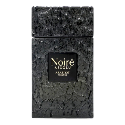 Arabiyat Prestige Noire Absolu Eau de Parfum 100 ml bottle – leather woody fragrance with raspberry, bergamot, cedarwood, and vetiver base