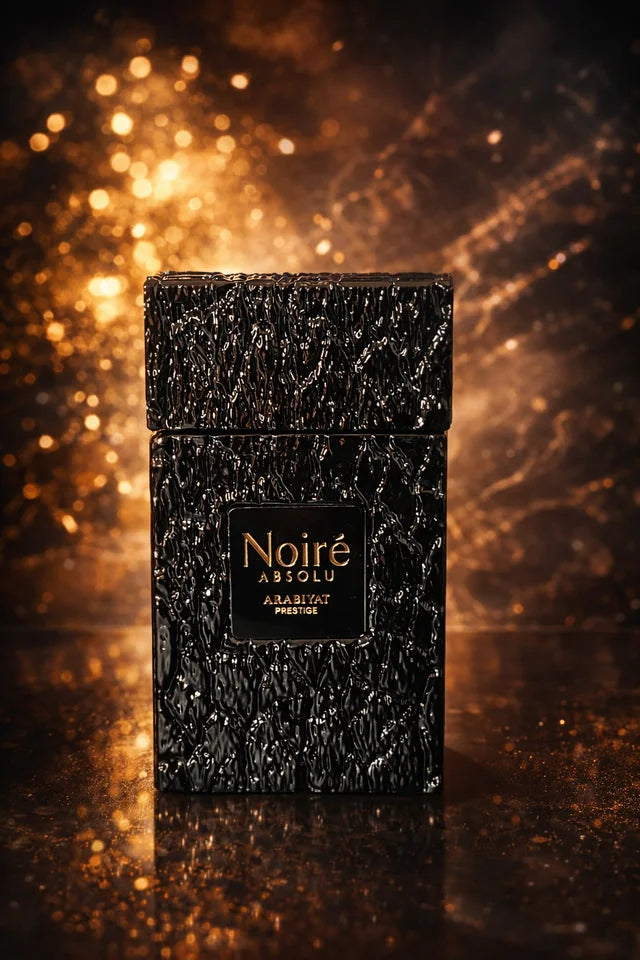 Arabiyat Prestige Noire Absolu Eau de Parfum 100 ml bottle – leather woody fragrance with raspberry, bergamot, cedarwood, and vetiver base