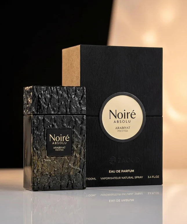 Arabiyat Prestige Noire Absolu Eau de Parfum 100 ml bottle – leather woody fragrance with raspberry, bergamot, cedarwood, and vetiver base