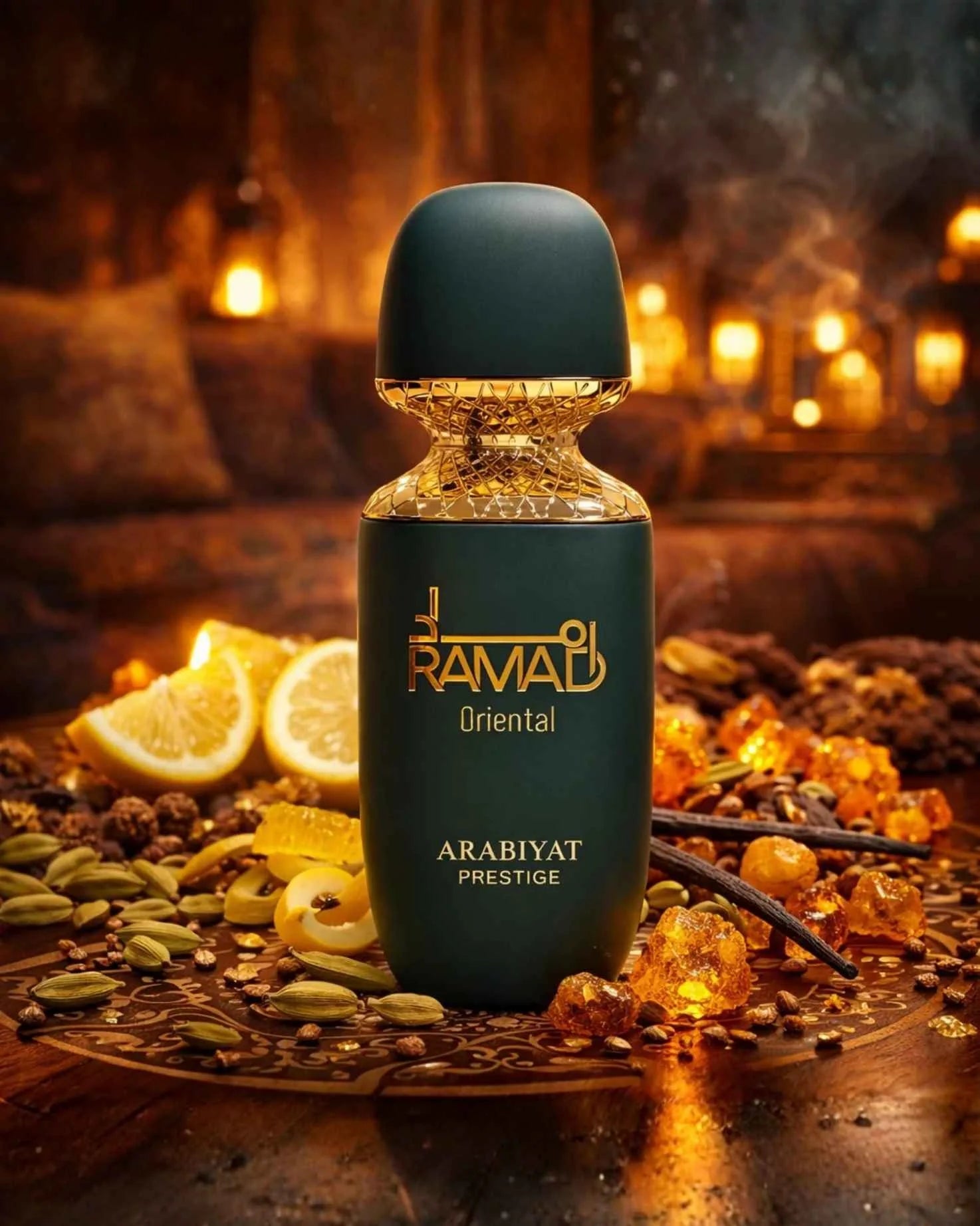 Arabiyat Prestige Ramad Oriental Eau de Parfum 100 ml bottle – warm spicy oriental fragrance with smoky amber and woody musk base