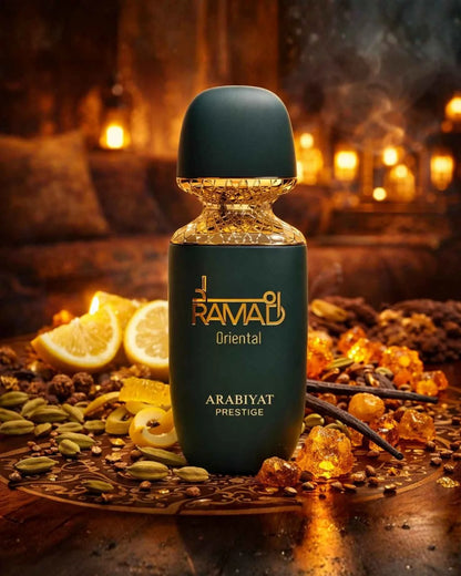 Arabiyat Prestige Ramad Oriental Eau de Parfum 100 ml bottle – warm spicy oriental fragrance with smoky amber and woody musk base
