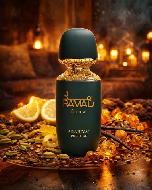 Arabiyat Prestige Ramad Oriental Eau de Parfum 100 ml bottle – warm spicy oriental fragrance with smoky amber and woody musk base