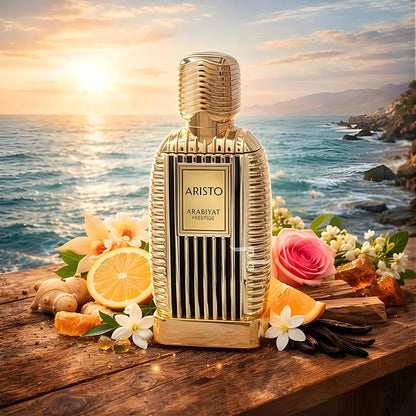 Arabiyat Prestige Aristo Eau de Parfum 100 ml bottle – fresh aromatic woody fragrance with bergamot, lavender, cedarwood, and musky vetiver base