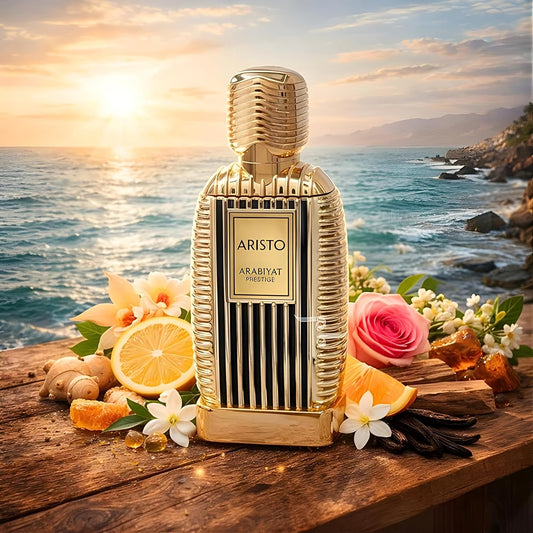 Arabiyat Prestige Aristo Eau de Parfum 100 ml bottle – fresh aromatic woody fragrance with bergamot, lavender, cedarwood, and musky vetiver base