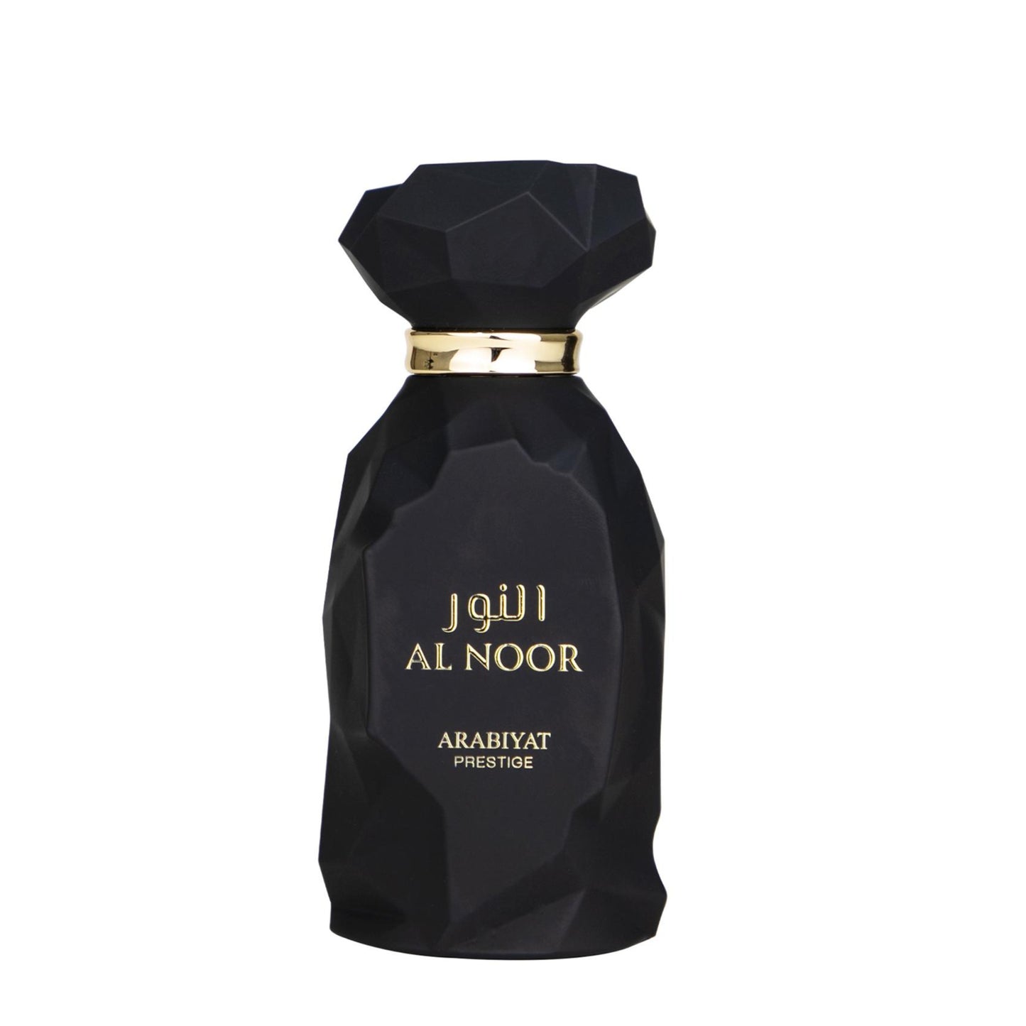 Black perfume bottle with gold accents labeled 'Al Noor' on a white background