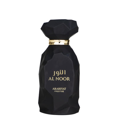 Black perfume bottle with gold accents labeled 'Al Noor' on a white background
