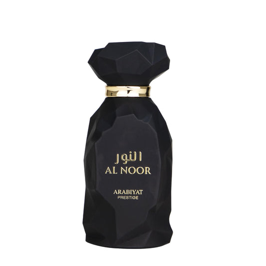 Black perfume bottle with gold accents labeled 'Al Noor' on a white background
