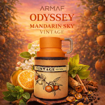 Armaf Odyssey Mandarin Sky Vintage Eau de Parfum 100 ml bottle – mandarin citrus fragrance with caramel tonka and warm amber woody base