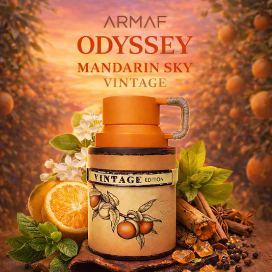 Armaf Odyssey Mandarin Sky Vintage Eau de Parfum 100 ml bottle – mandarin citrus fragrance with caramel tonka and warm amber woody base