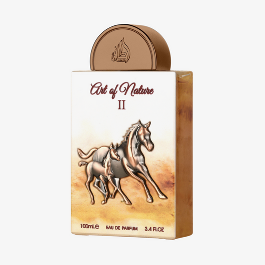 Perfume packaging with horse design and 'Art of Nature II' text on a white background