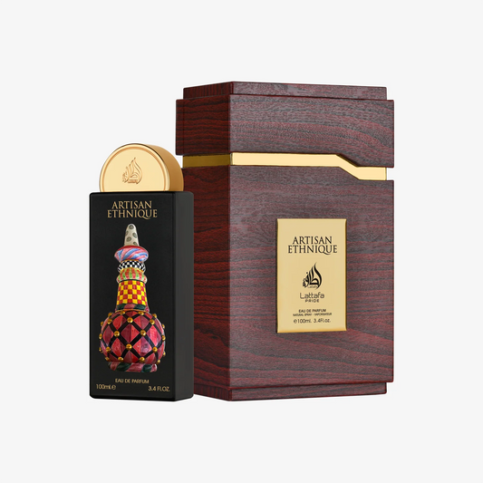 Lattafa Artisan Ethnique Eau de Parfum 100 ml bottle – creamy vanilla gourmand fragrance with warm spice, amber, and woody base