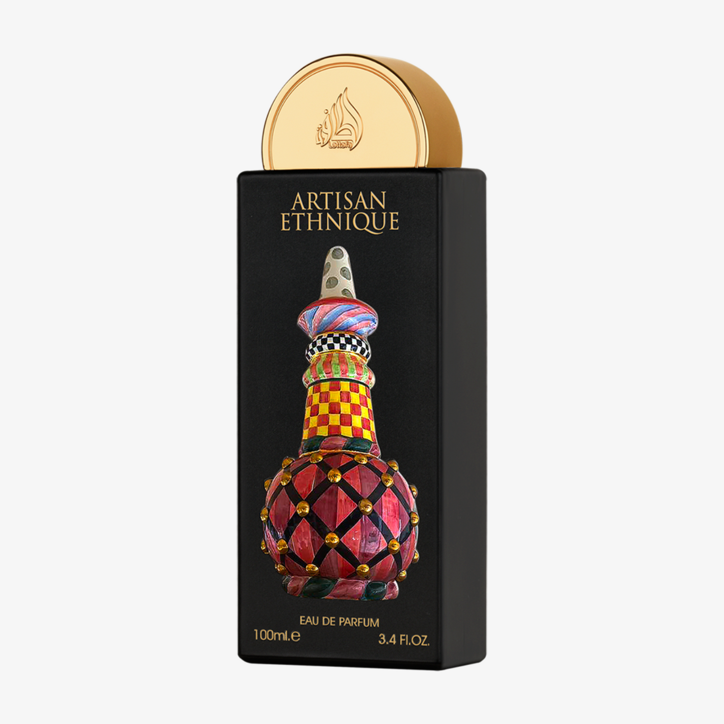 Perfume bottle with colorful design and gold cap on black Artisan Ethiqué box against a white background