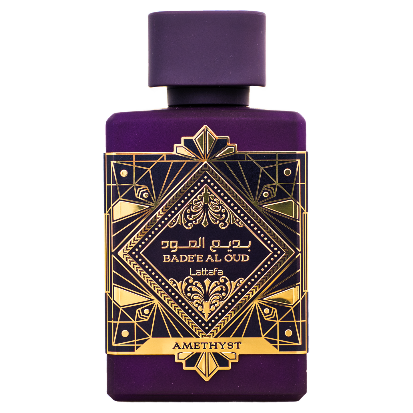 Lattafa Bade’e Al Oud Amethyst Eau de Parfum 100 ml bottle on white background