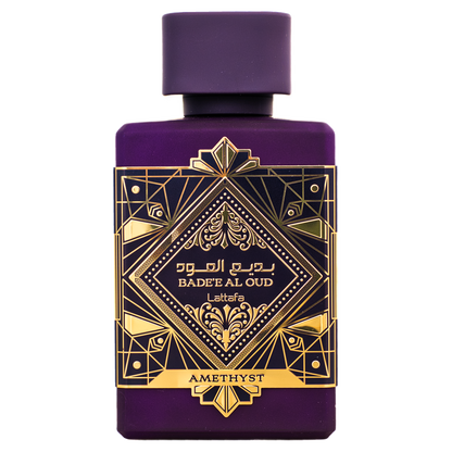 Lattafa Bade’e Al Oud Amethyst Eau de Parfum 100 ml bottle on white background