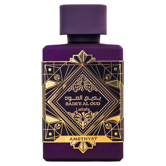 Lattafa Bade’e Al Oud Amethyst Eau de Parfum 100 ml bottle on white background
