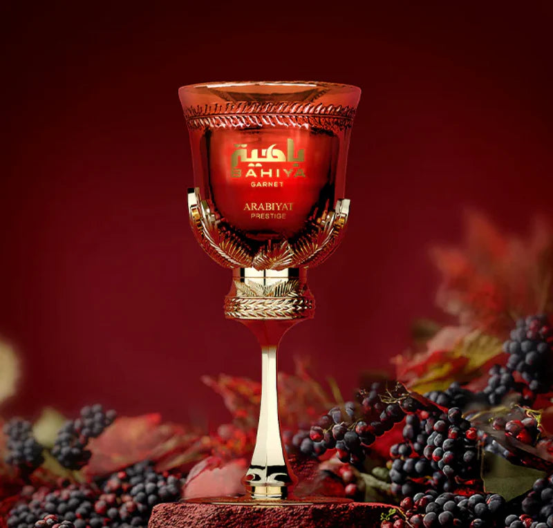 Arabiyat Prestige Bahiya Garnet 100 ml bottle – fruity floral fragrance with warm amber vanilla musk base.