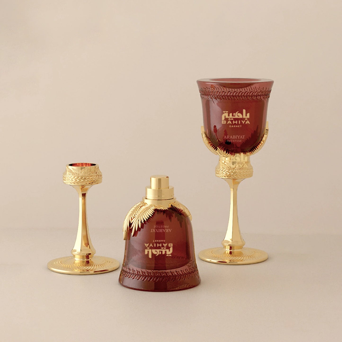 Arabiyat Prestige Bahiya Garnet 100 ml bottle – fruity floral fragrance with warm amber vanilla musk base.