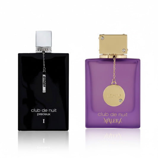Club de Nuit Luxe Bundle – two full-size Armaf perfumes featuring Precieux I and Maleka for an elegant, modern couples fragrance pairing.