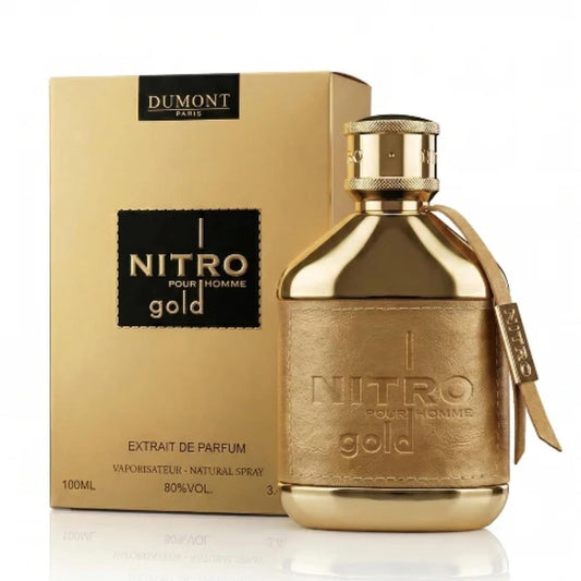 Dumont Nitro Gold Eau de Parfum 100 ml bottle – fruity sweet fragrance with gourmand notes and warm amber woody base