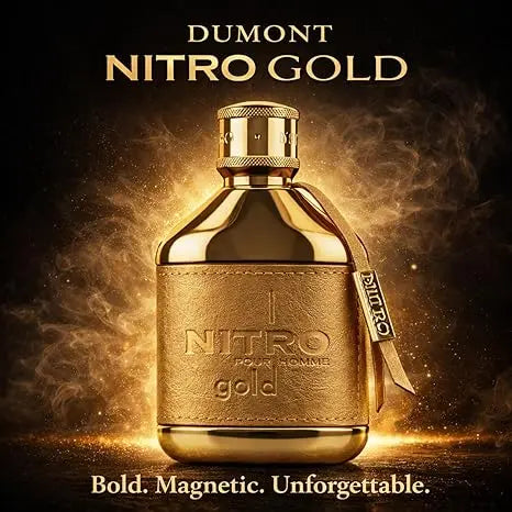 Dumont Nitro Gold Eau de Parfum 100 ml bottle – fruity sweet fragrance with gourmand notes and warm amber woody base