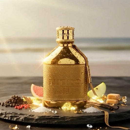 Dumont Nitro Gold Eau de Parfum 100 ml bottle – fruity sweet fragrance with gourmand notes and warm amber woody base