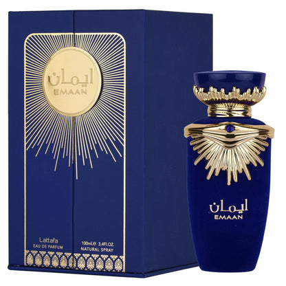 Lattafa Emaan Eau de Parfum 100 ml bottle – soft floral fragrance with clean musky powdery base